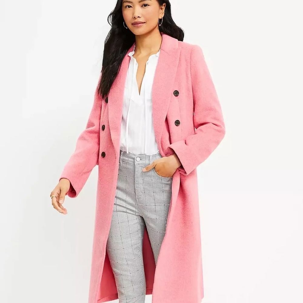 Loft Double Breasted Wool Chesterfield Coat in Melange Pink